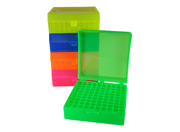 SSIbio 100-Place Freezer Rack w/ Hinged lid Fluorescent Orange