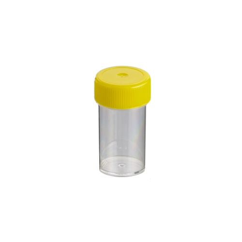 Techno Plas Flat Bottom Container Labelled G/Sterile Yellow Cap 25ml